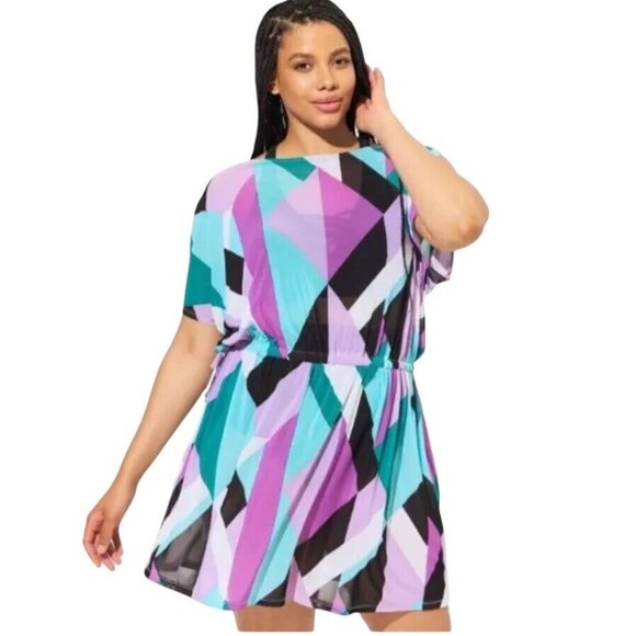 Torrid Drawstring Waist Mesh Swim Cover-up  Womens Size 1X  Geometric Print - Picture 1 of 7